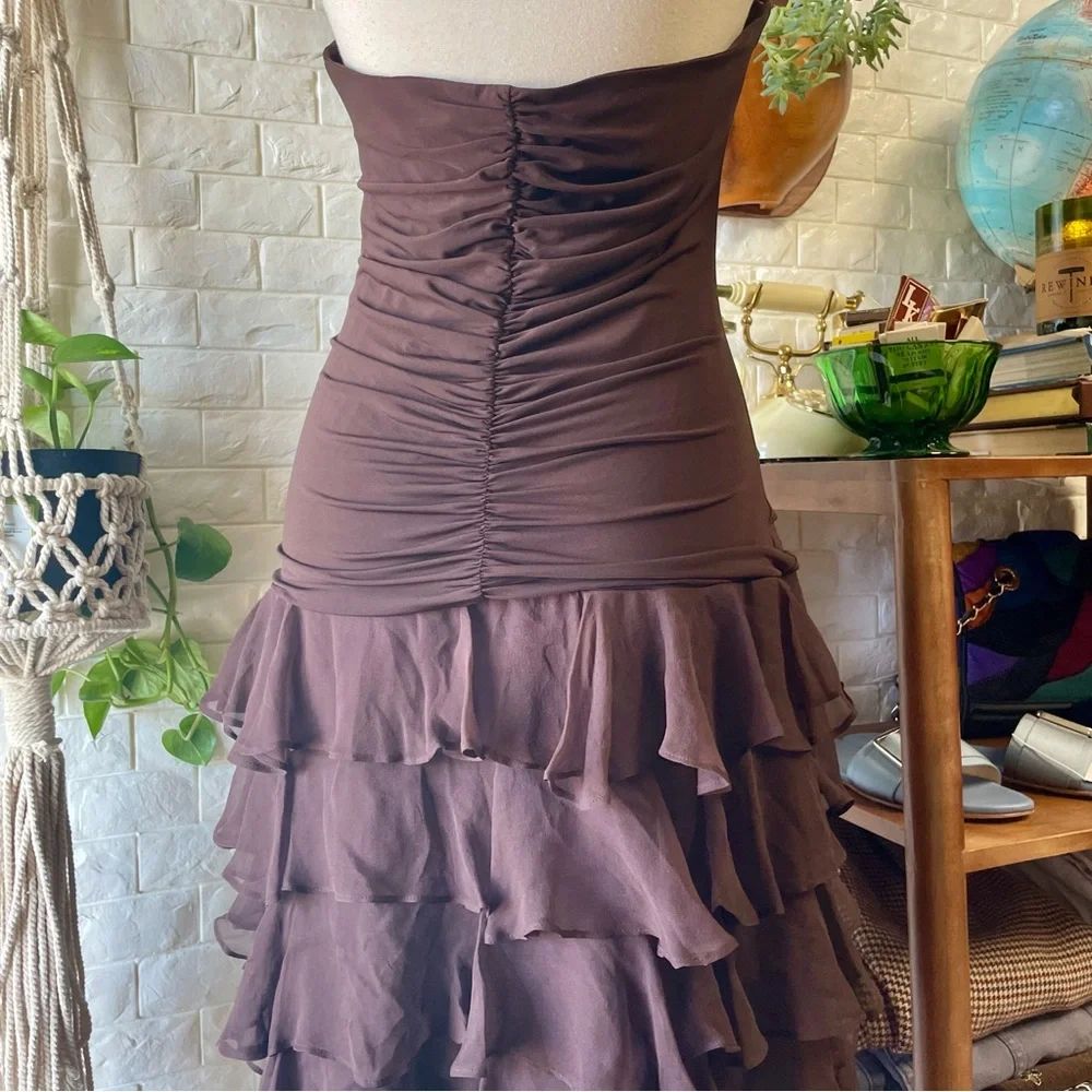 VTG Y2K BCBG MAXAZRIA Brown Ruched Halter Chiffon Ribbon Asymmetrical Dress - Picture 11 of 16